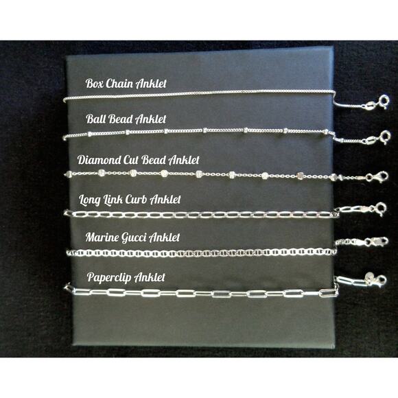 925 Silver Singapore Anklet, Box Chain Anklet, Paperclip Anklet, Mariner Anklet - Picture 1 of 8